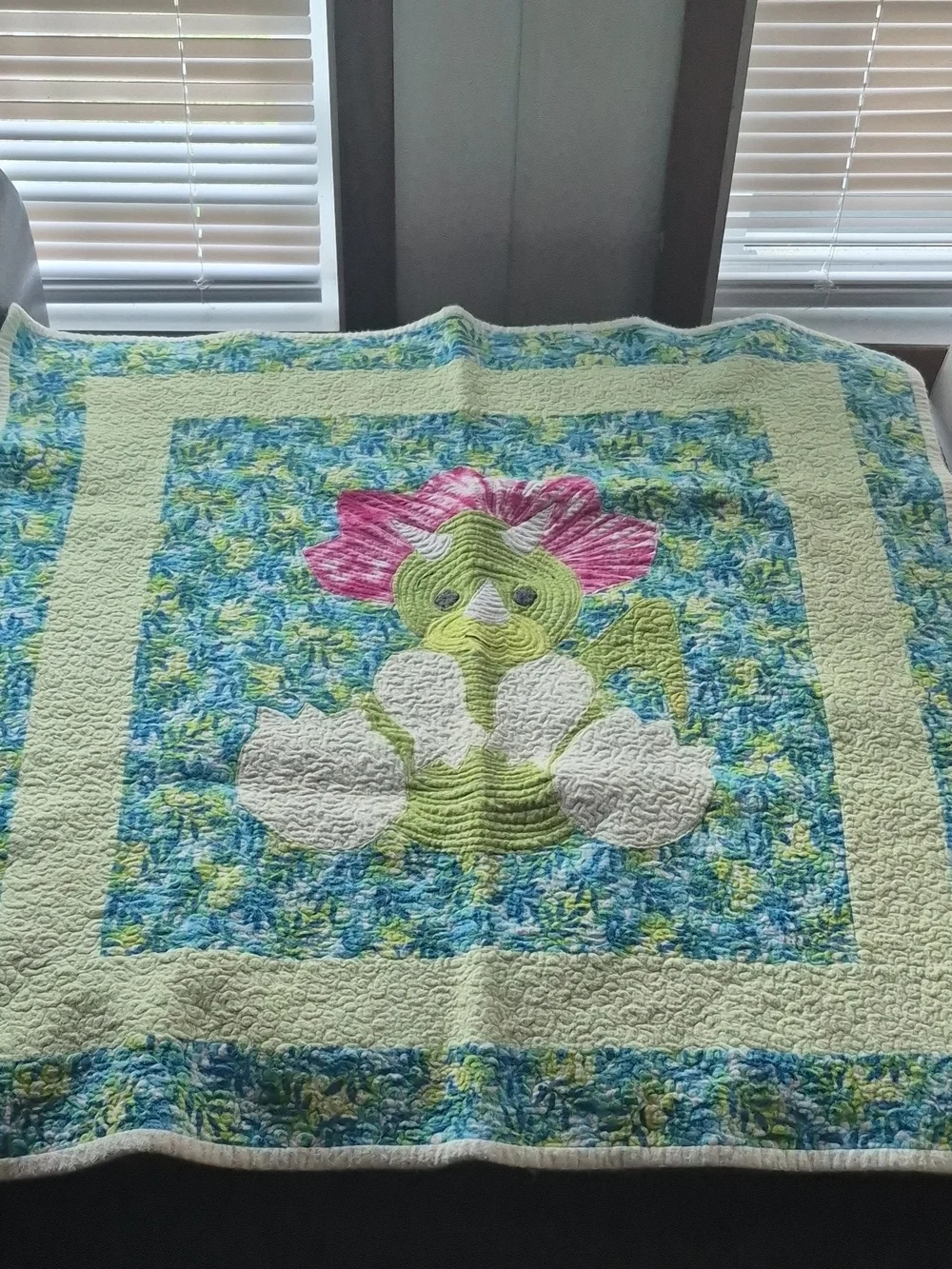 Green and Pink Floral Appliqué Quilt